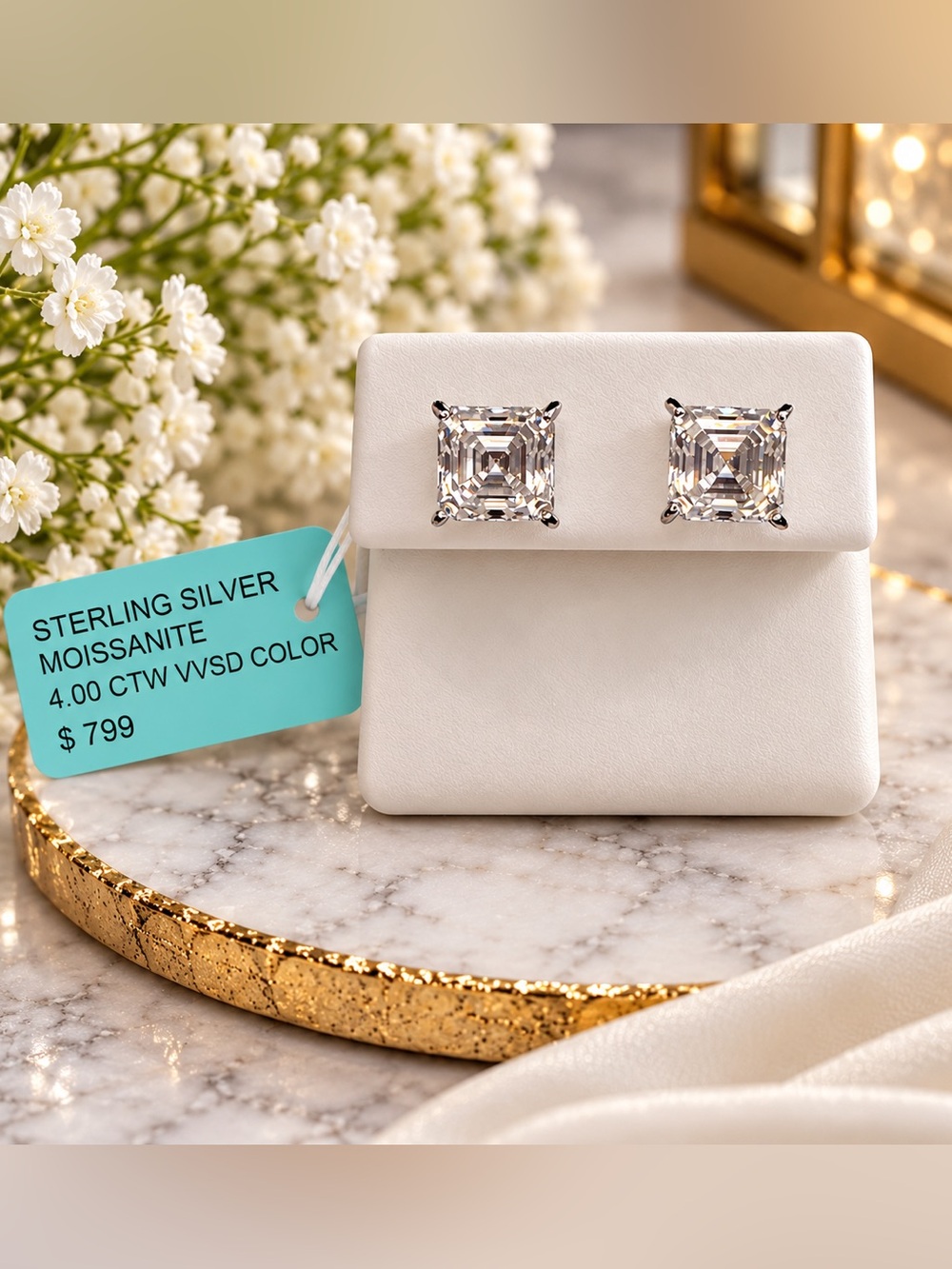 Sterling Silver 4.00 CTW Moissanite Square Stud Earrings VVS D Color